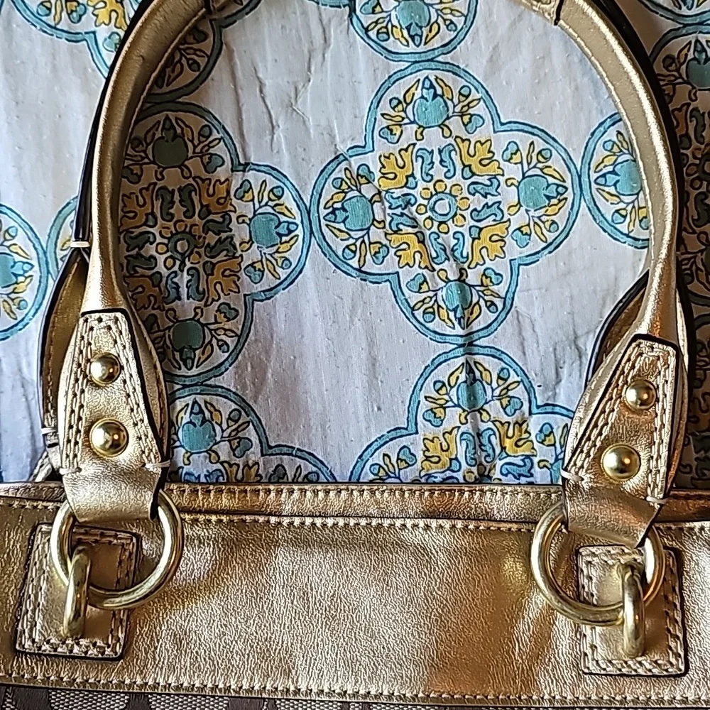 Coach Penelope Signature C Jacquard Metallic Gold Leather Tote Bag F15533